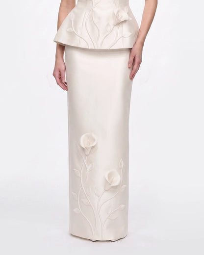 Floral Appliqué Vine Maxi Skirt - White