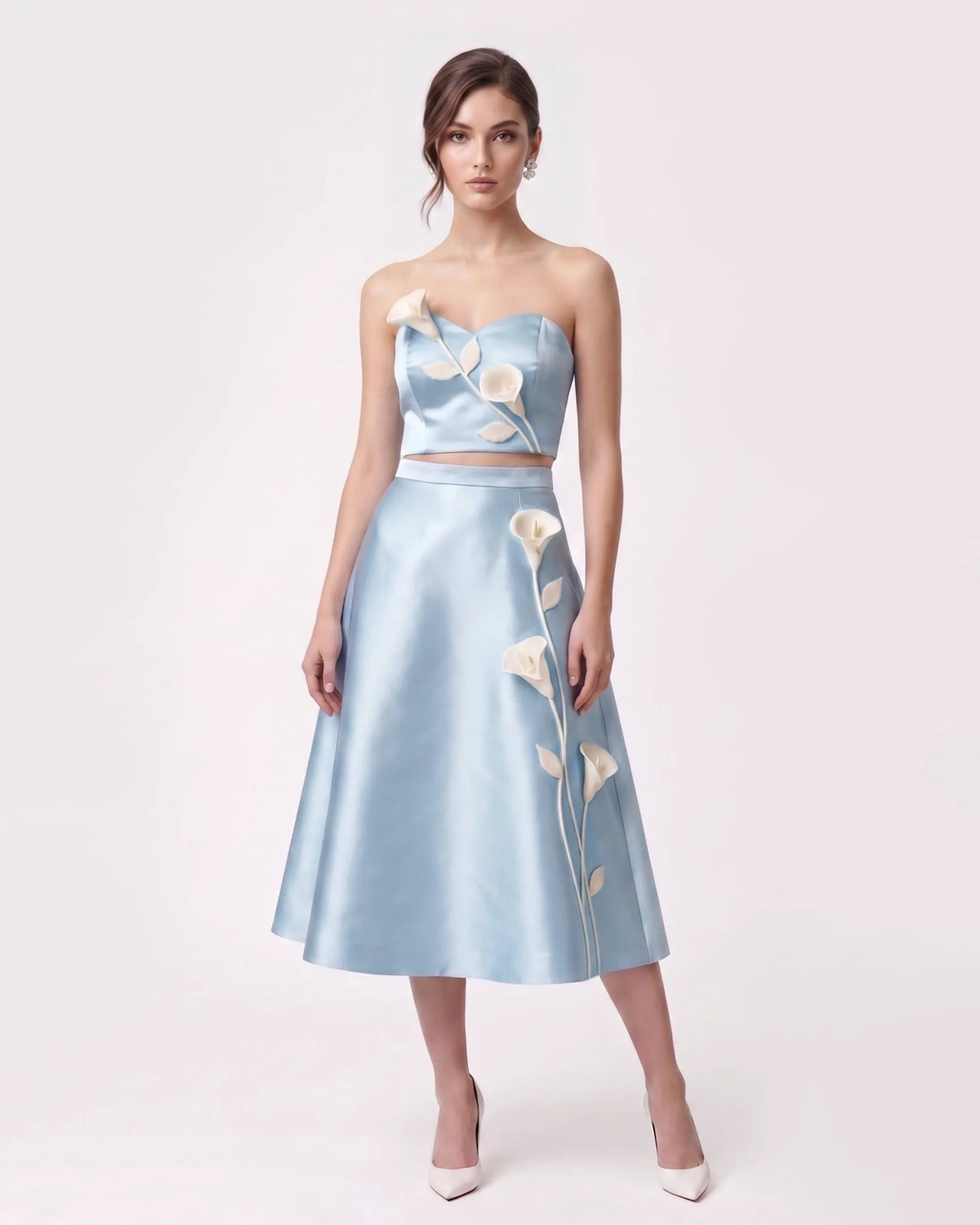 Floral Appliqué Satin Midi Skirt - Light Blue