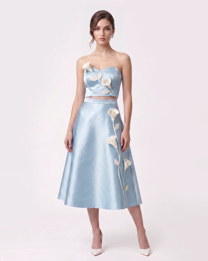 Floral Appliqué Satin Midi Skirt - Light Blue