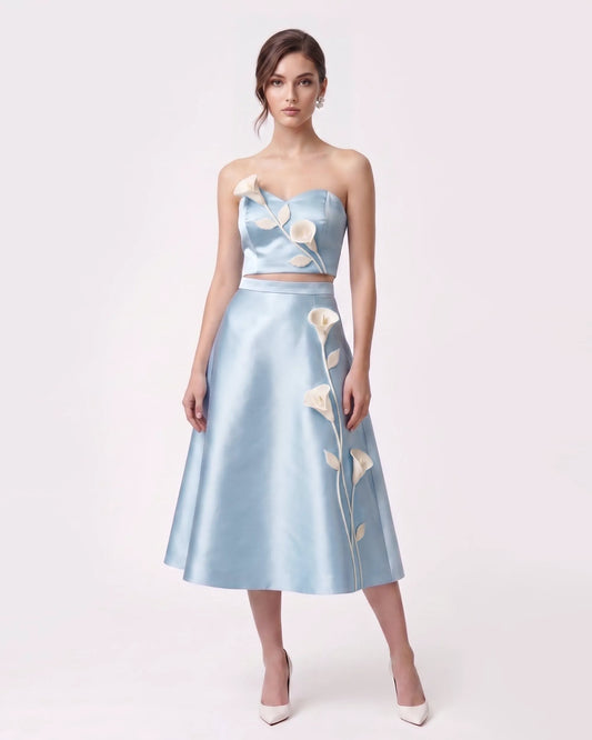Floral Appliqué Satin Midi Skirt - Light Blue