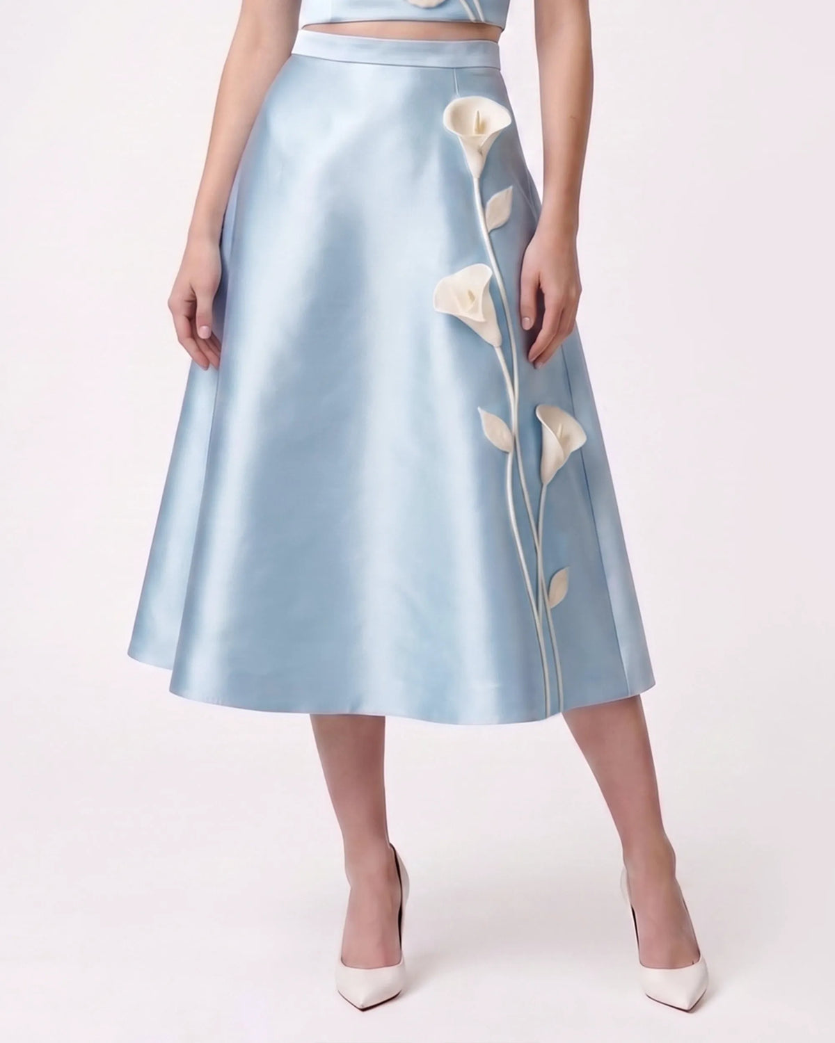 Floral Appliqué Satin Midi Skirt - Light Blue