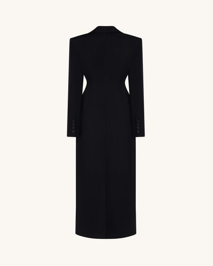 Structured Shoulder Fitted Lapel Maxi Coat - Black