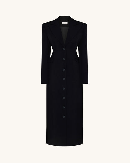 Structured Shoulder Fitted Lapel Maxi Coat - Black