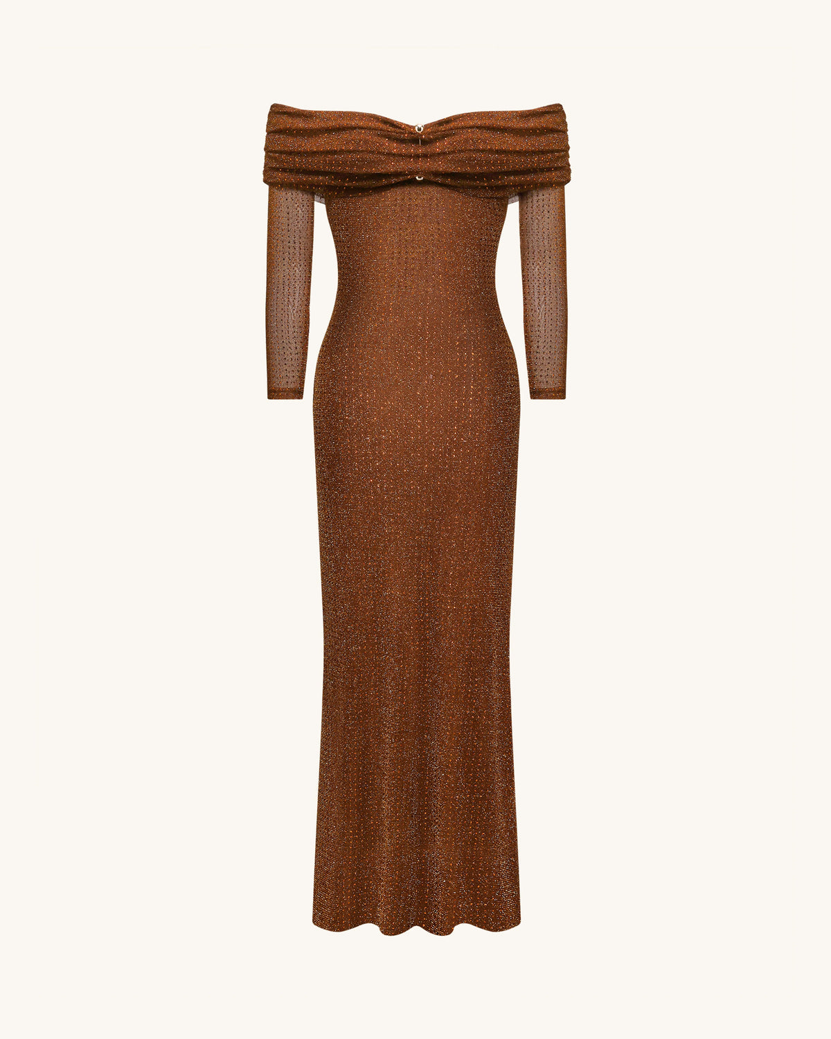 Rhinestone Mesh Off-Shoulder Maxi Dress - Brown
