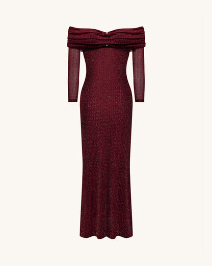 Rhinestone Mesh Off-Shoulder Maxi Dress - Claret