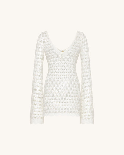 Pointelle Knit Keyhole Mini Dress - White