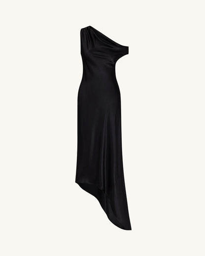 Satin Draped One-Shoulder Asymmetric Dress - Black