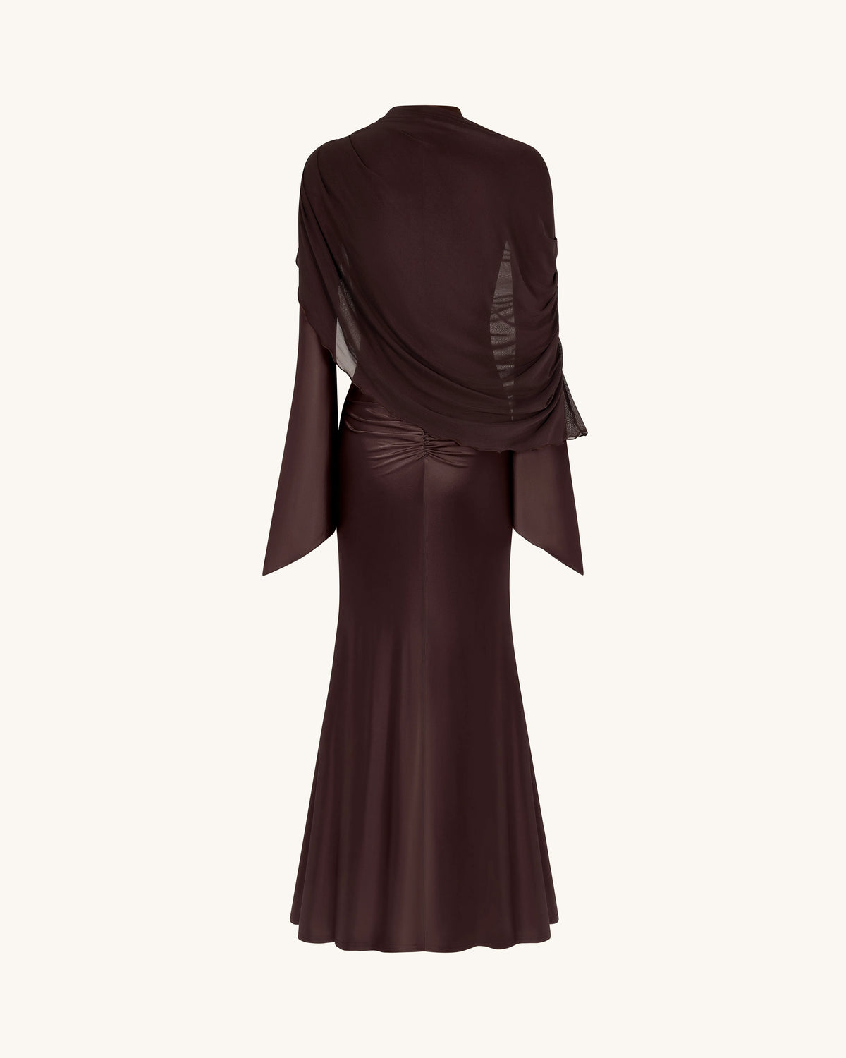 Sheer Shawl Ruched Bodycon Maxi Gown - Brown