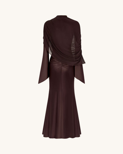 Sheer Shawl Ruched Bodycon Maxi Gown - Brown