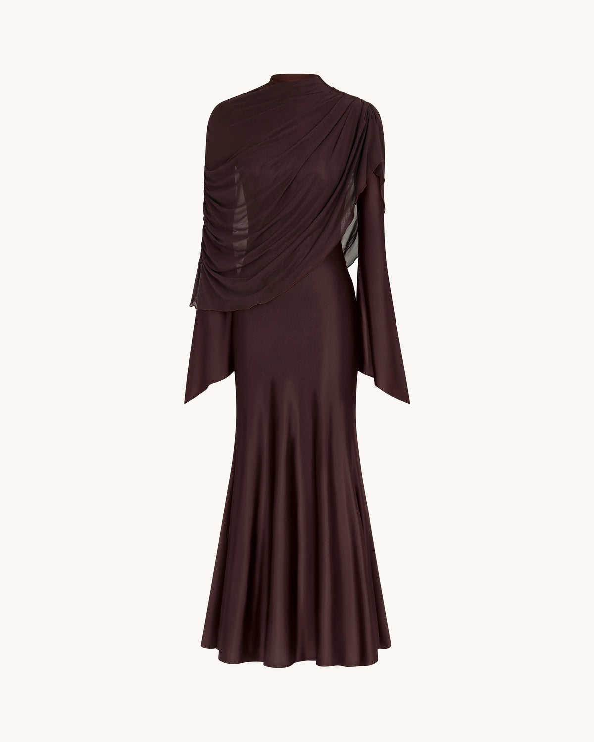 Sheer Shawl Ruched Bodycon Maxi Gown - Brown