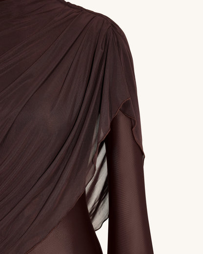 Sheer Shawl Ruched Bodycon Maxi Gown - Brown