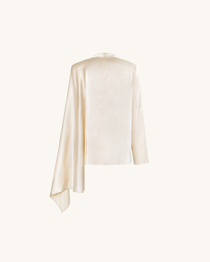 Asymmetric Drape High-Neck Cape Top - Cream