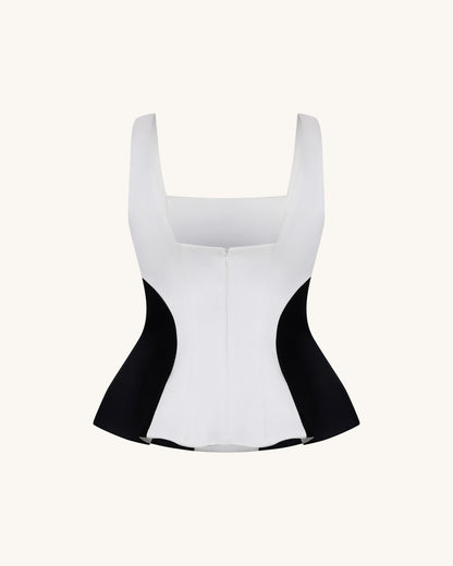 Monochrome Paneled Square-Neck Peplum Top - Black