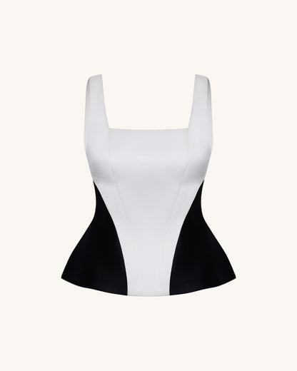 Monochrome Paneled Square-Neck Peplum Top - Black