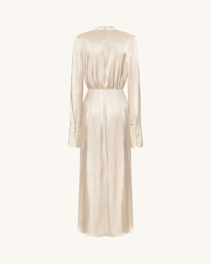 Structured Shoulder Design Satin High-Neck Fitted Maxi Dress - Cream