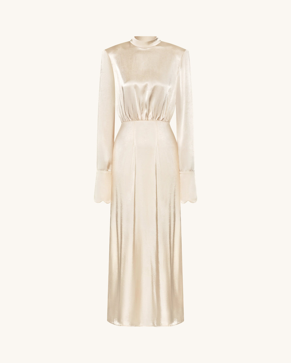 Structured Shoulder Design Satin High-Neck Fitted Maxi Dress - Cream