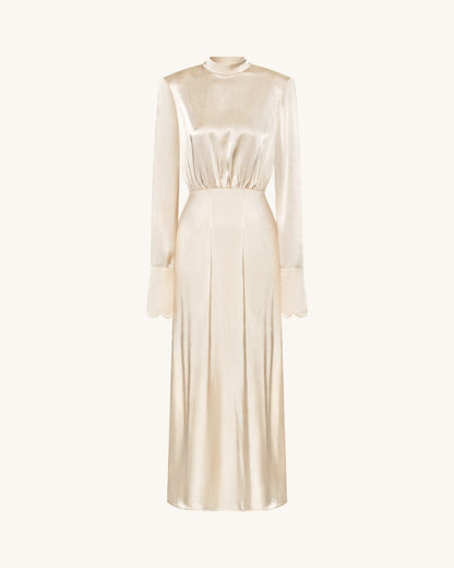 Structured Shoulder Design Satin High-Neck Fitted Maxi Dress - Cream