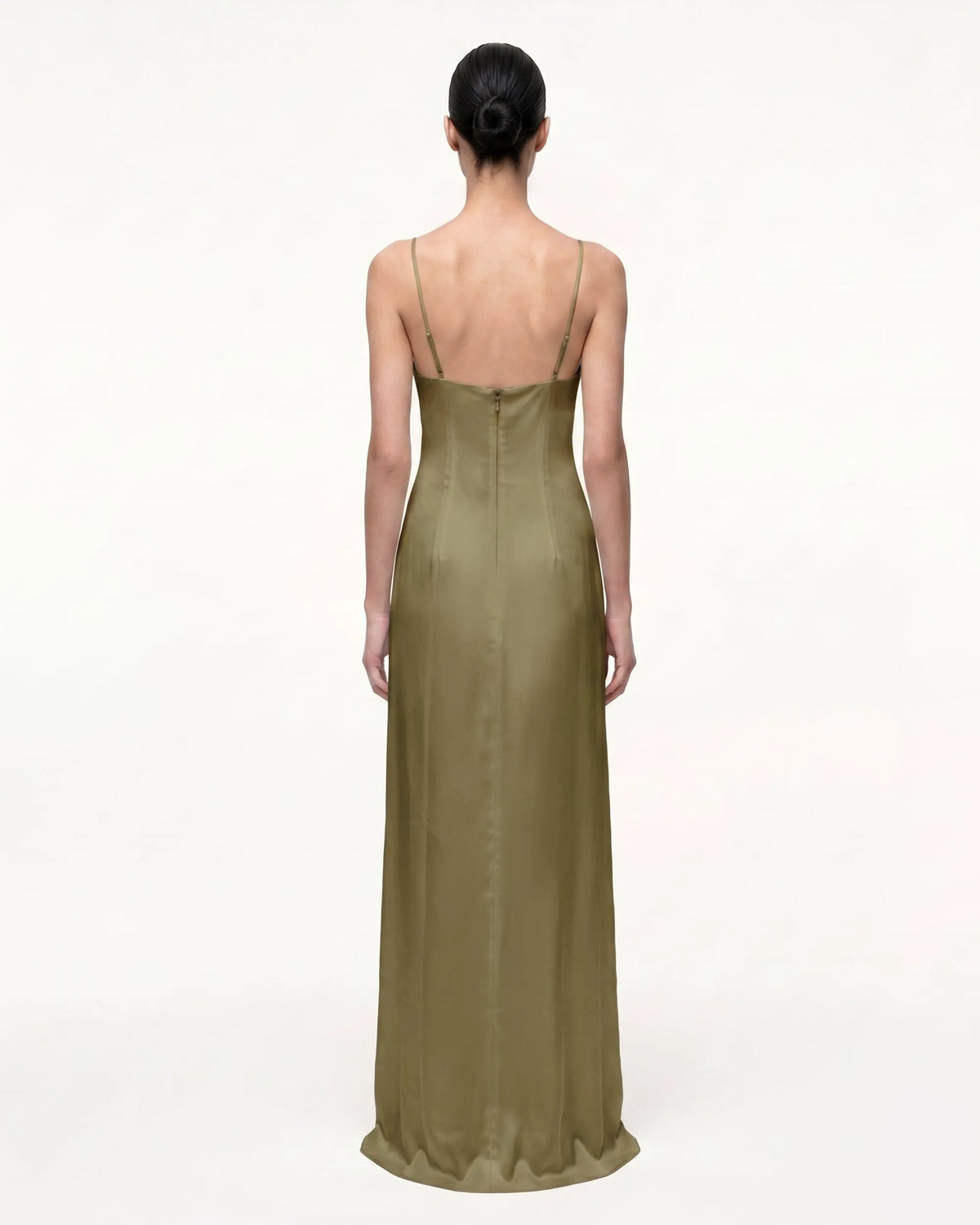 Iris Motif Satin Slip Gown - Olive Green