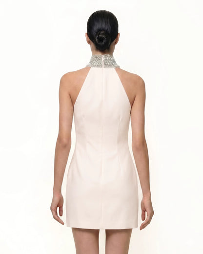 Jeweled Halter Iris Motif Dress - Ivory/Pink