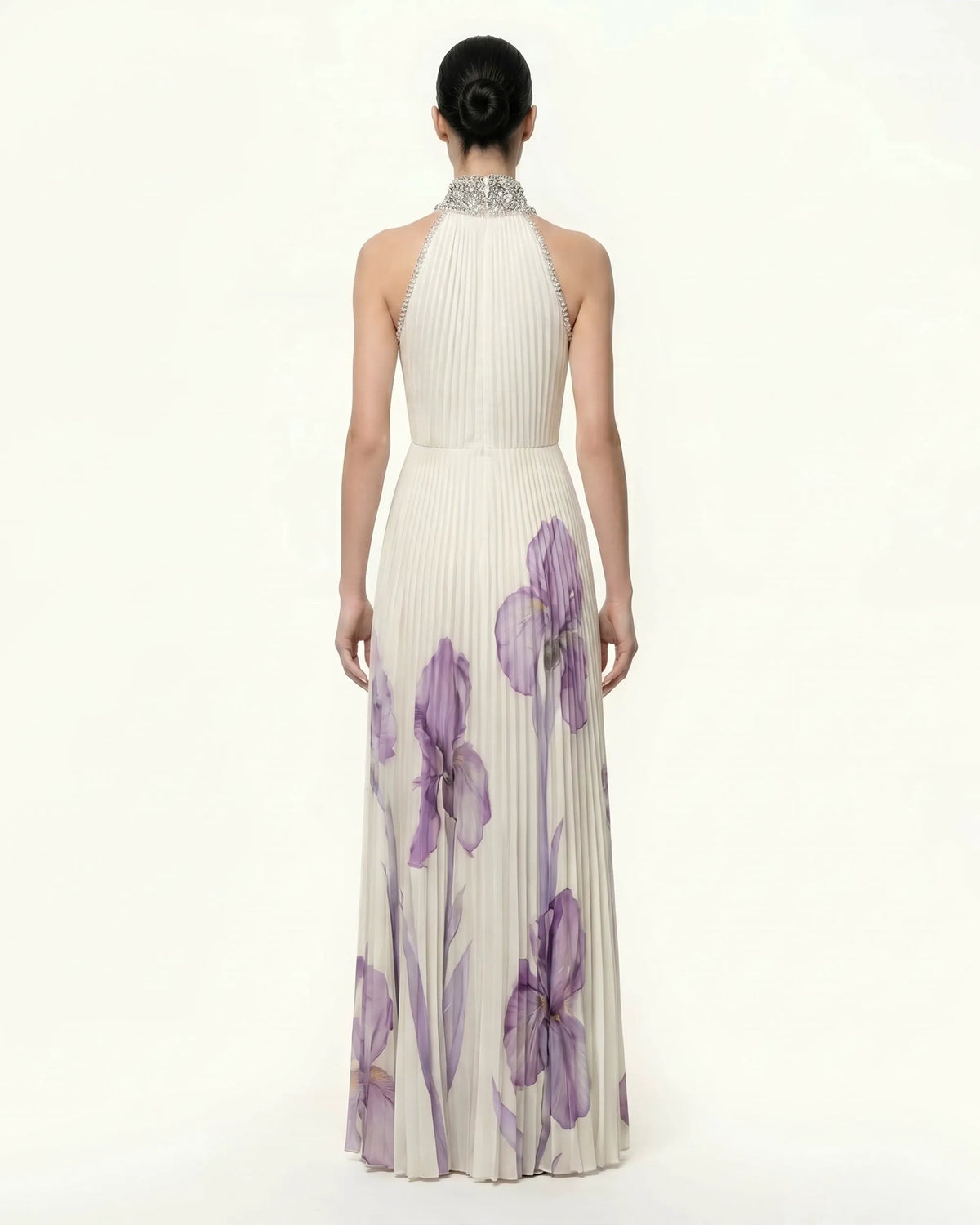 Jeweled-neck Halter Pleated Iris Print Maxi Dress - White/Purple