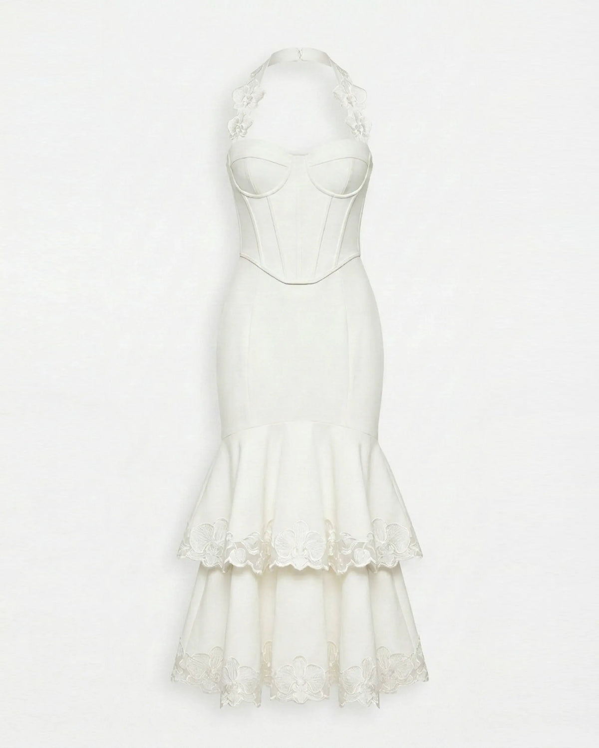 Orchid Embroidered Halter Corset Midi Dress - White