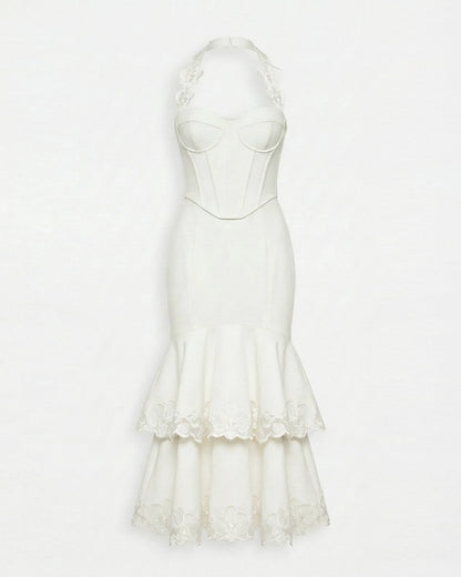Orchid Embroidered Halter Corset Midi Dress - White
