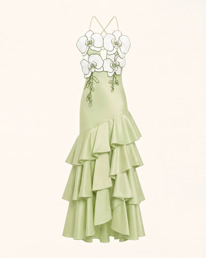 Orchid Embellished Ruffle Midi Dress - Light Green