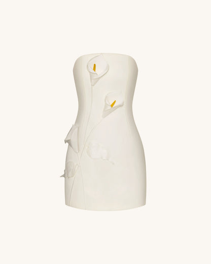Strapless Floral Appliqué Dress - White