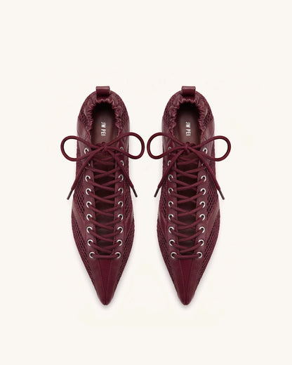 Ava Lace-Up Mesh Flats - Burgundy