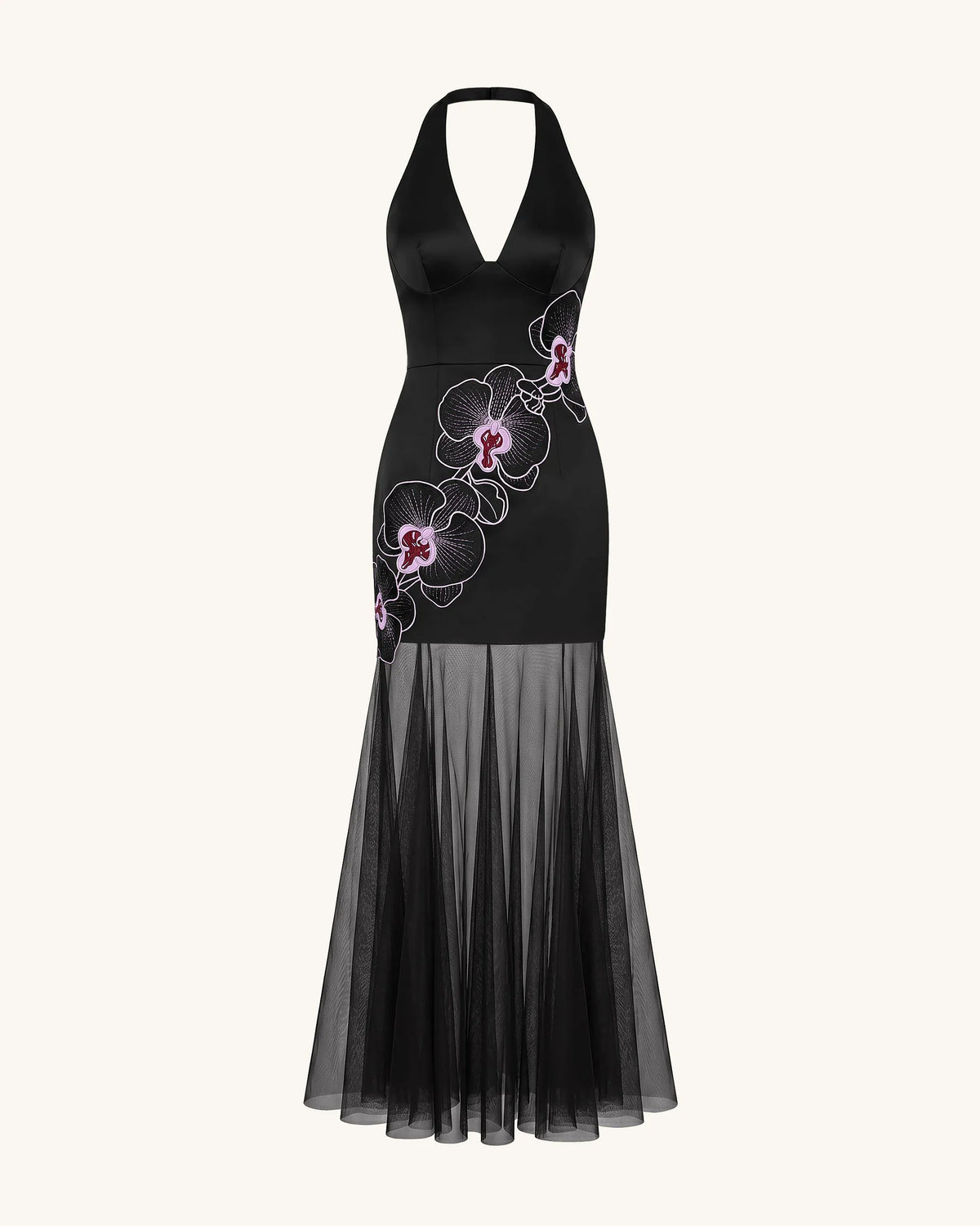 Orchid Embroidered Sheer Hem Halter Maxi Dress-  Black Purple