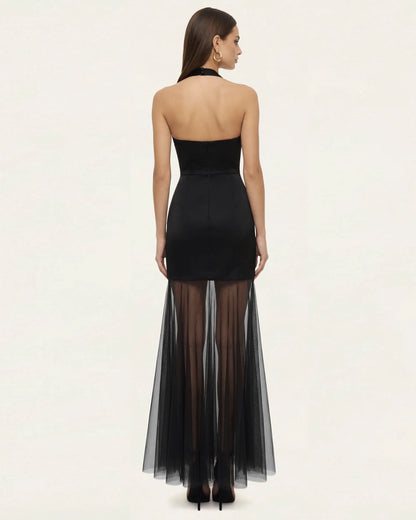 Orchid Embroidered Sheer Hem Halter Maxi Dress-  Black Purple