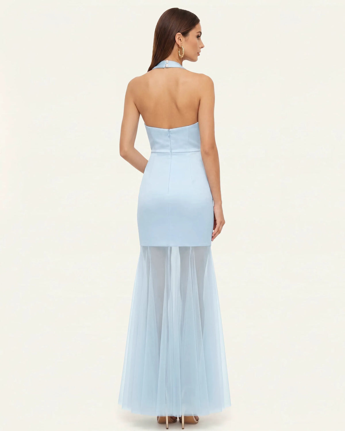 Orchid Embroidered Sheer Hem Halter Maxi Dress - Light Blue