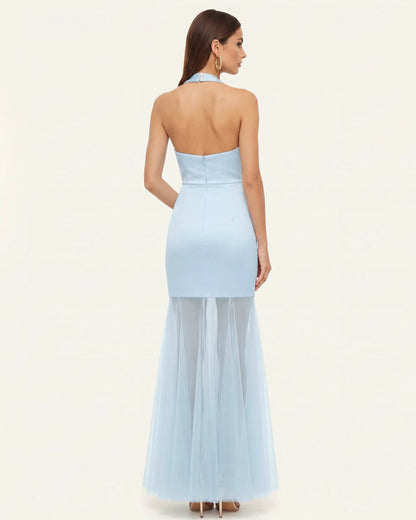 Orchid Embroidered Sheer Hem Halter Maxi Dress - Light Blue