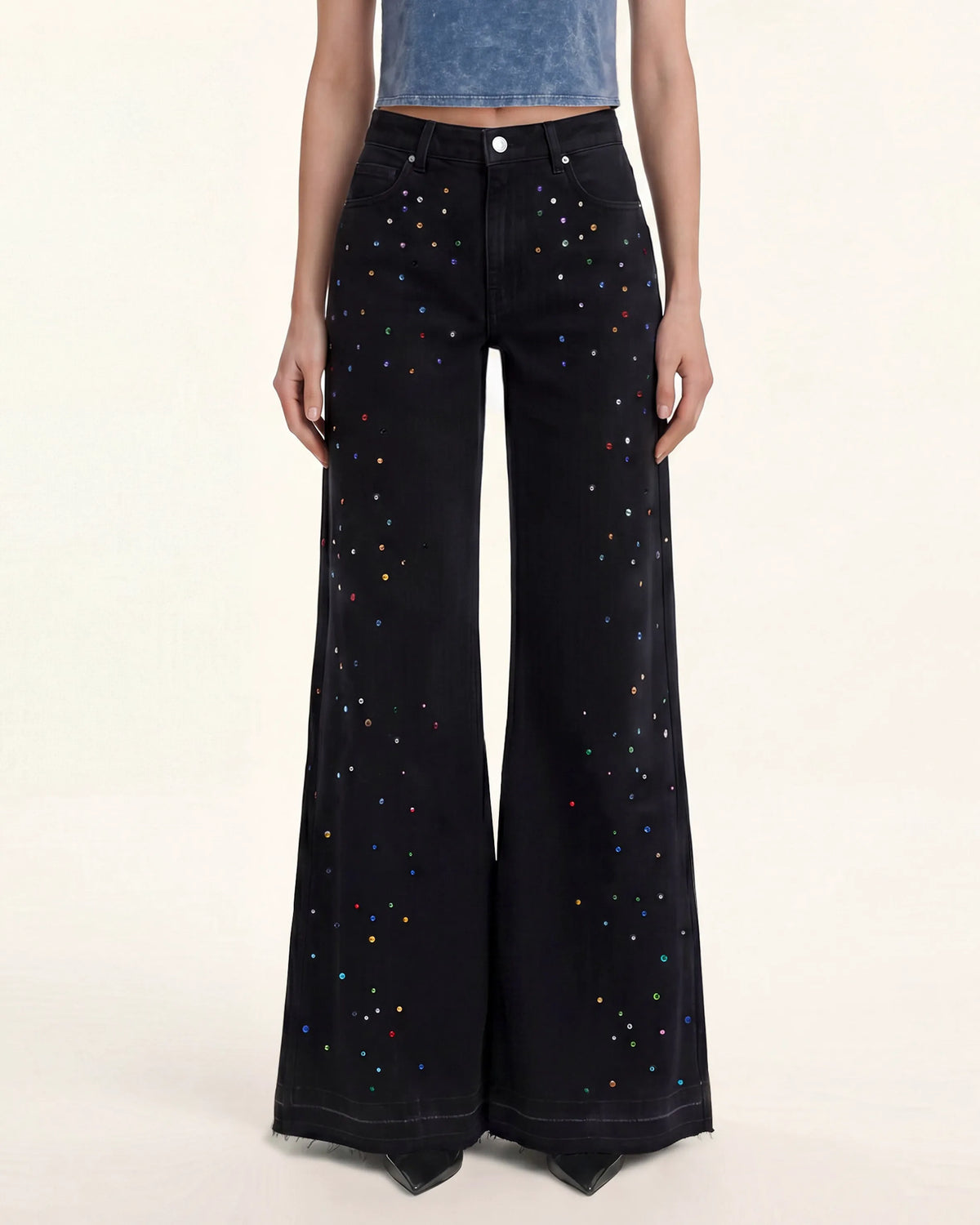 The Troublemaker Multi-Color Rhinestone Split Fray Jeans - Midnight Confessions