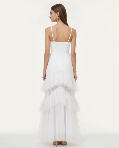 Orchid Embroidered Ruffled Tulle Strapless Maxi Dress - White