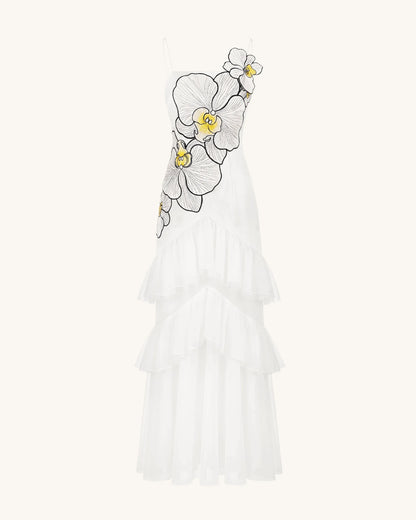 Orchid Embroidered Ruffled Tulle Strapless Maxi Dress - White