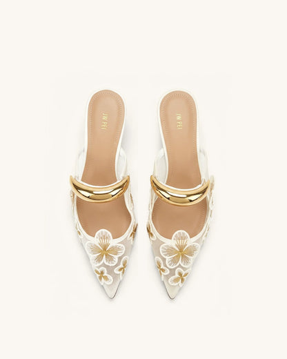 Helena Pierced Floral Mesh Mules - Ivory