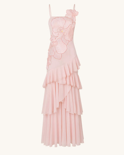 Orchid Embroidered Ruffled One-Shoulder Maxi Dress - Blush Pink