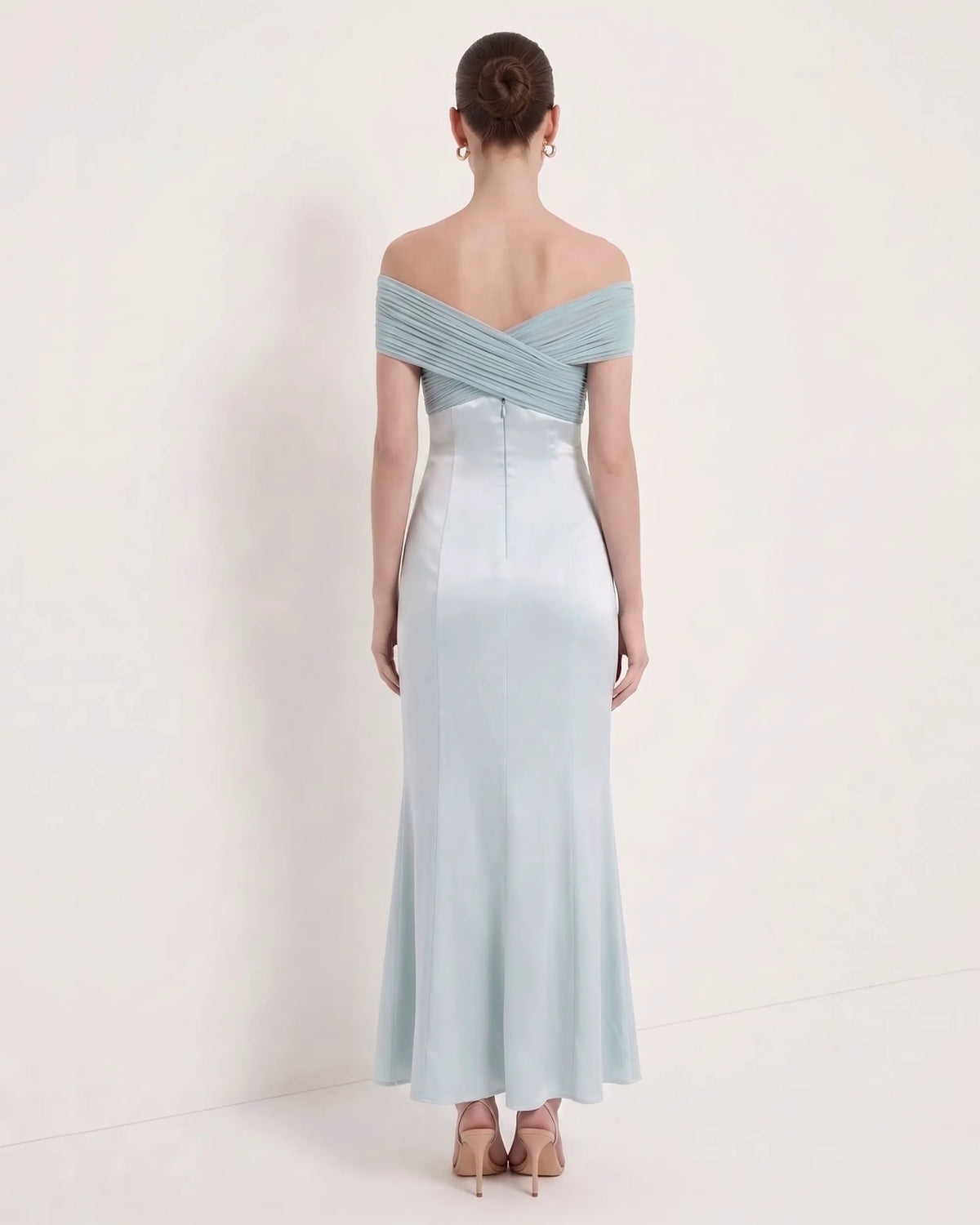 Pleated Cross-Halter Satin Maxi Dress - Dusty Blue