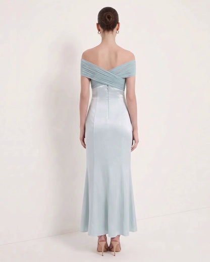 Pleated Cross-Halter Satin Maxi Dress - Dusty Blue