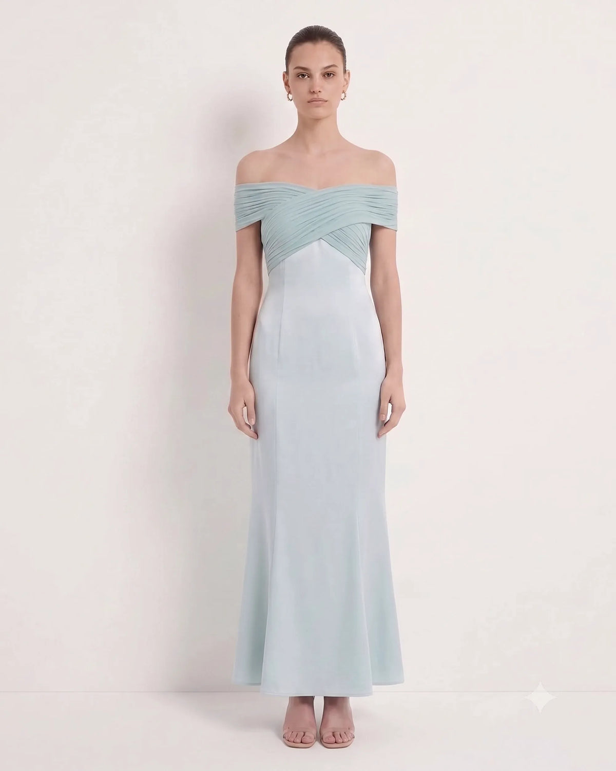 Pleated Cross-Halter Satin Maxi Dress - Dusty Blue