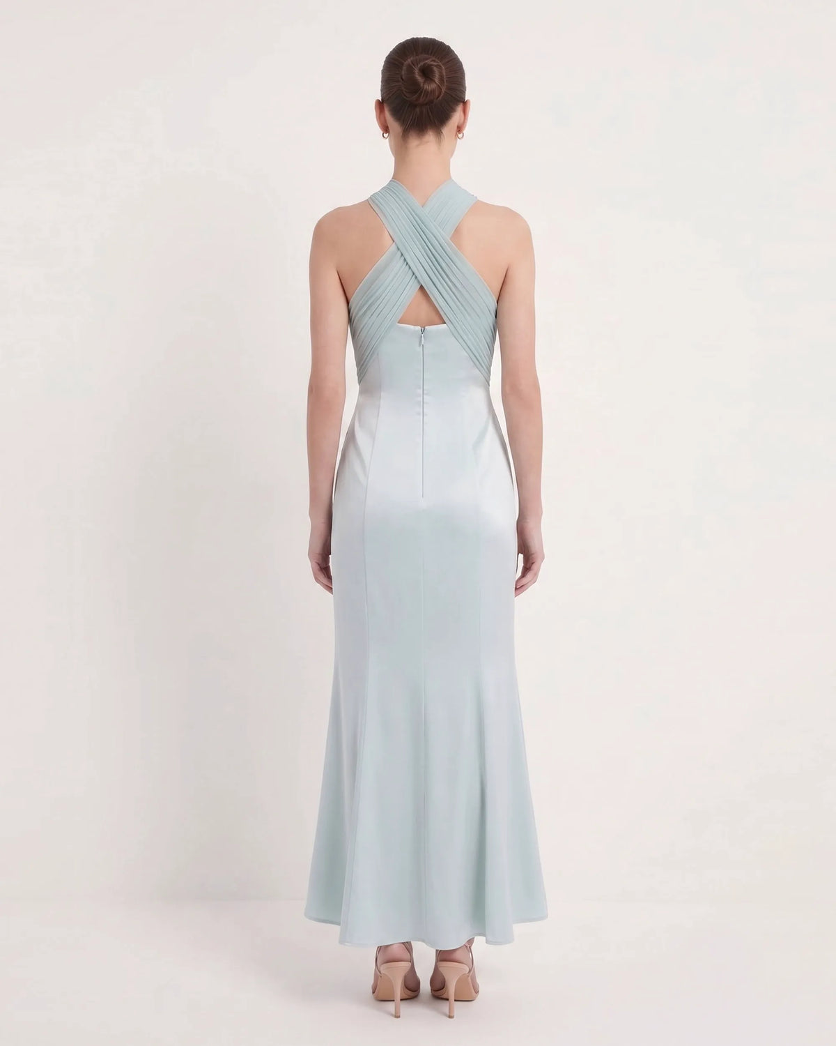 Pleated Cross-Halter Satin Maxi Dress - Dusty Blue