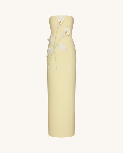 Floral Appliqué Strapless Dress - Yellow