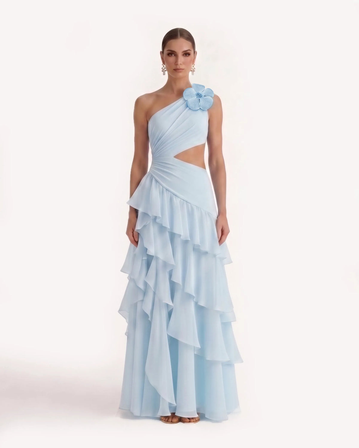 One Shoulder Cutout Ruffle Chiffon Maxi Dress - Blue