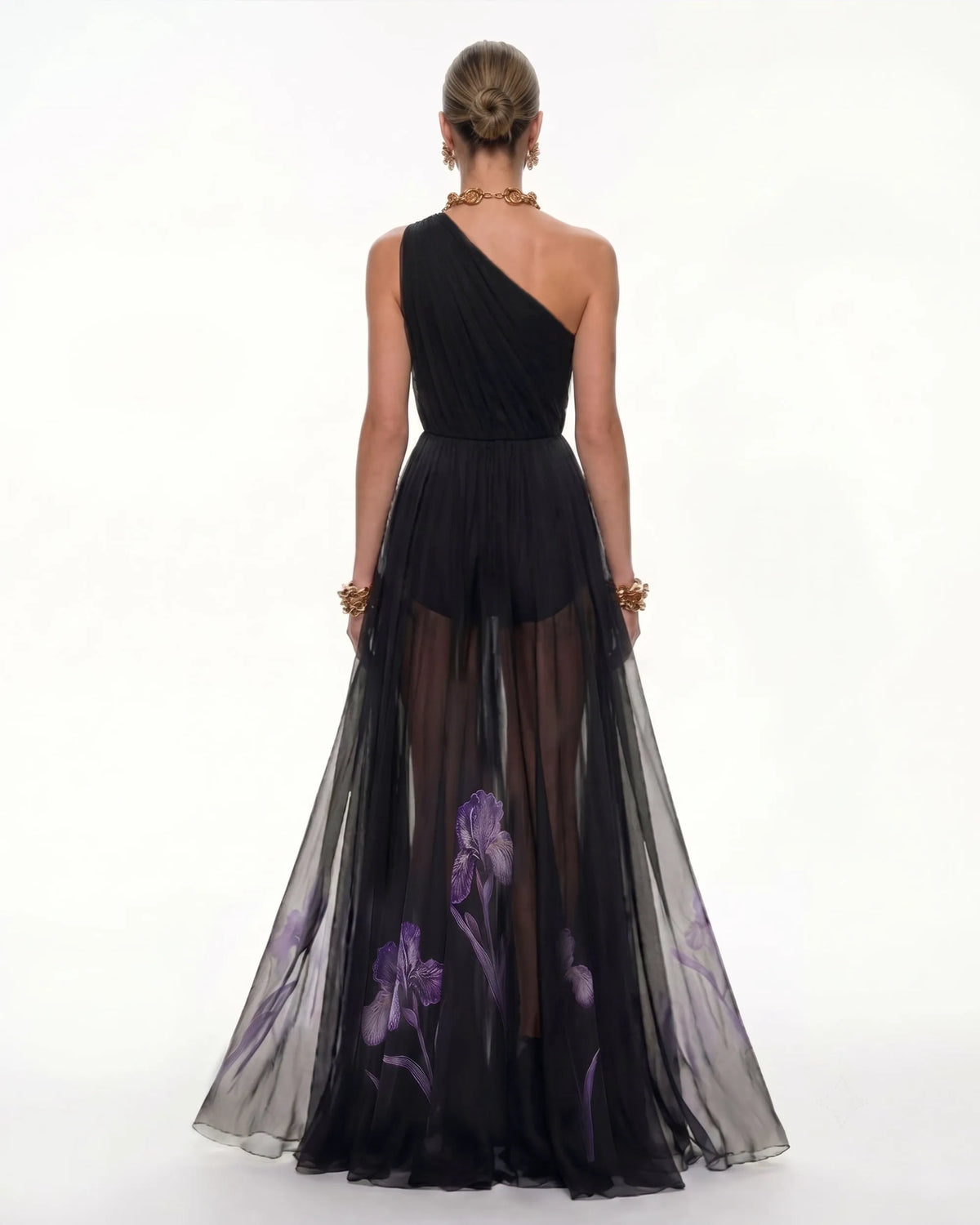 Floral One Shoulder Maxi Dress - Black