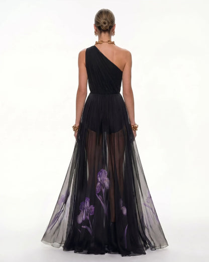 Floral One Shoulder Maxi Dress - Black