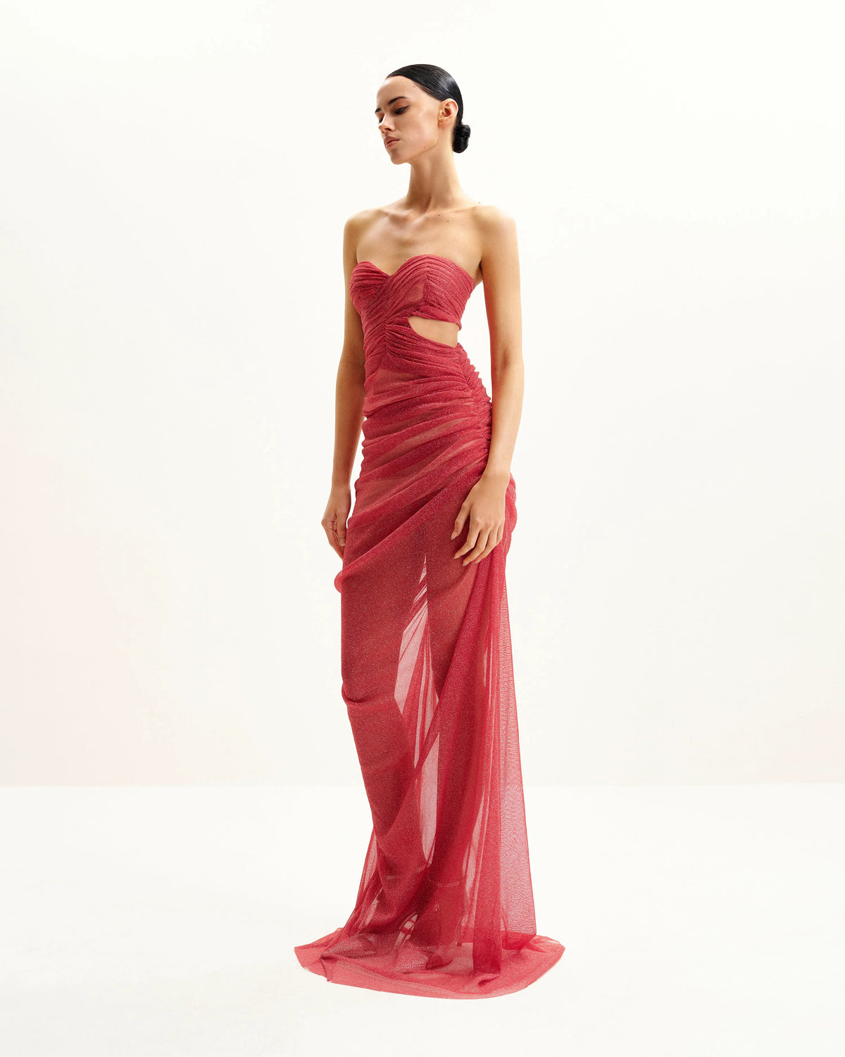 Mia Strapless Sheer Glitter Gown - Scarlet