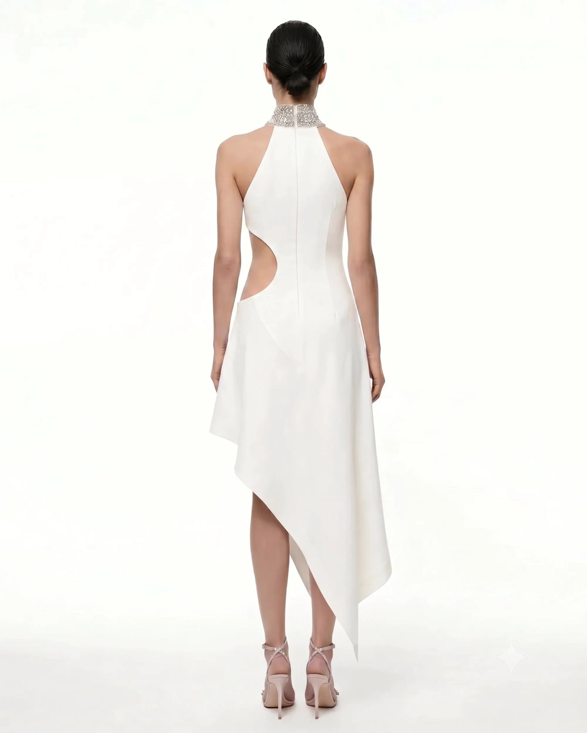 Jeweled Floral Cutout High Neck Dress - White