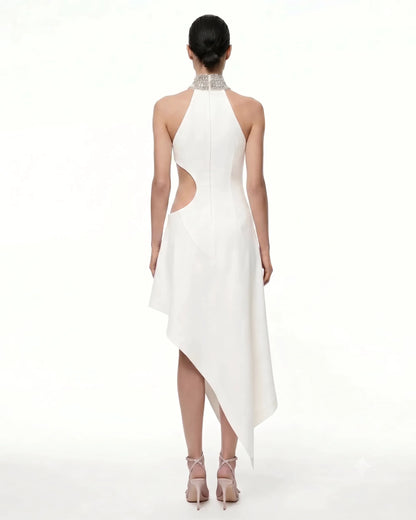 Jeweled Floral Cutout High Neck Dress - White