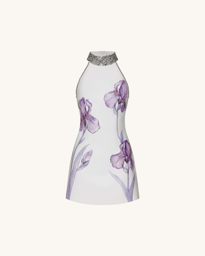 Jeweled Halter Iris Motif Dress - White